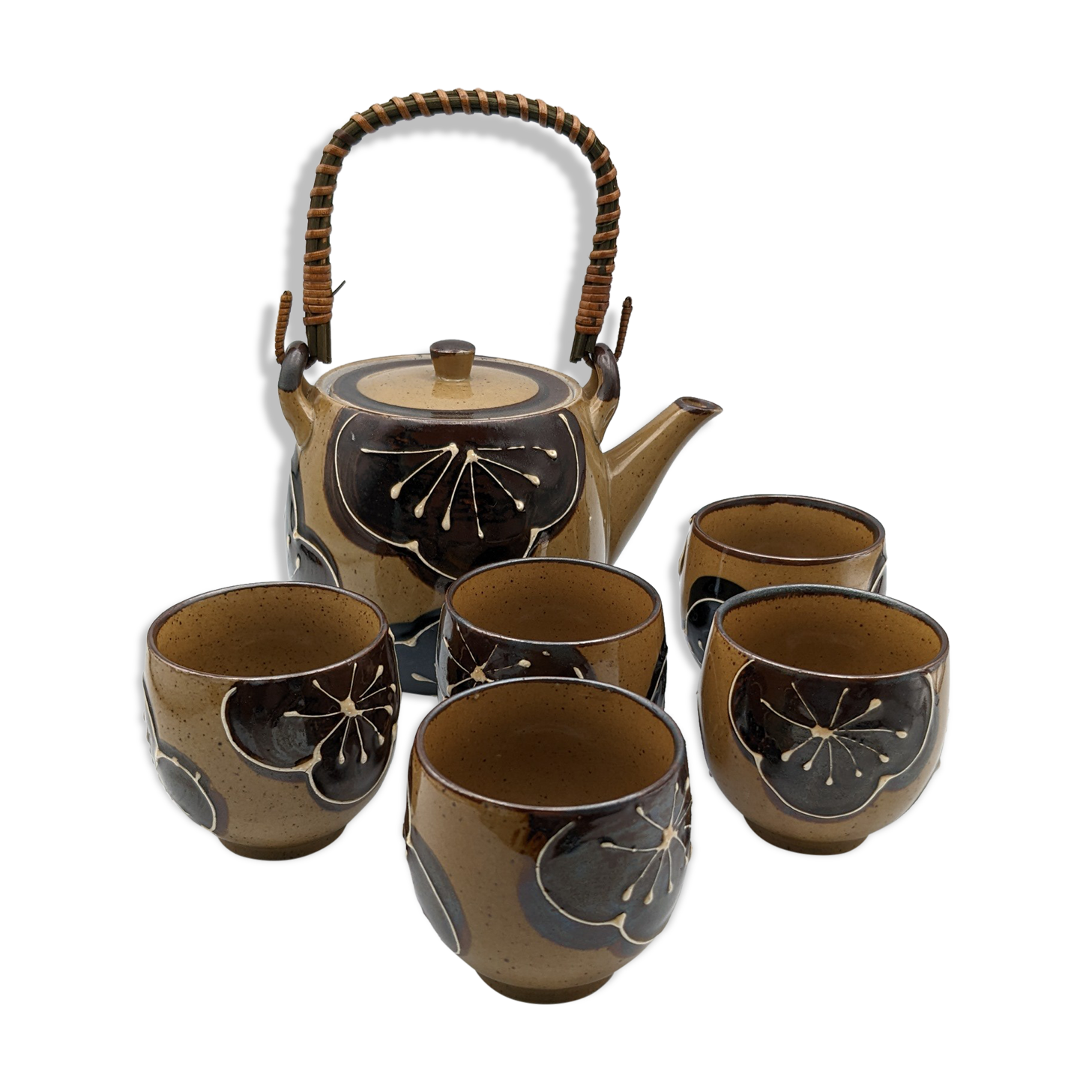 Tea set japan asia glazed stoneware decoration flower wicker handle