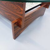 Vintage 60s-70s round coffee table with 2 shelves in glass and rosewood