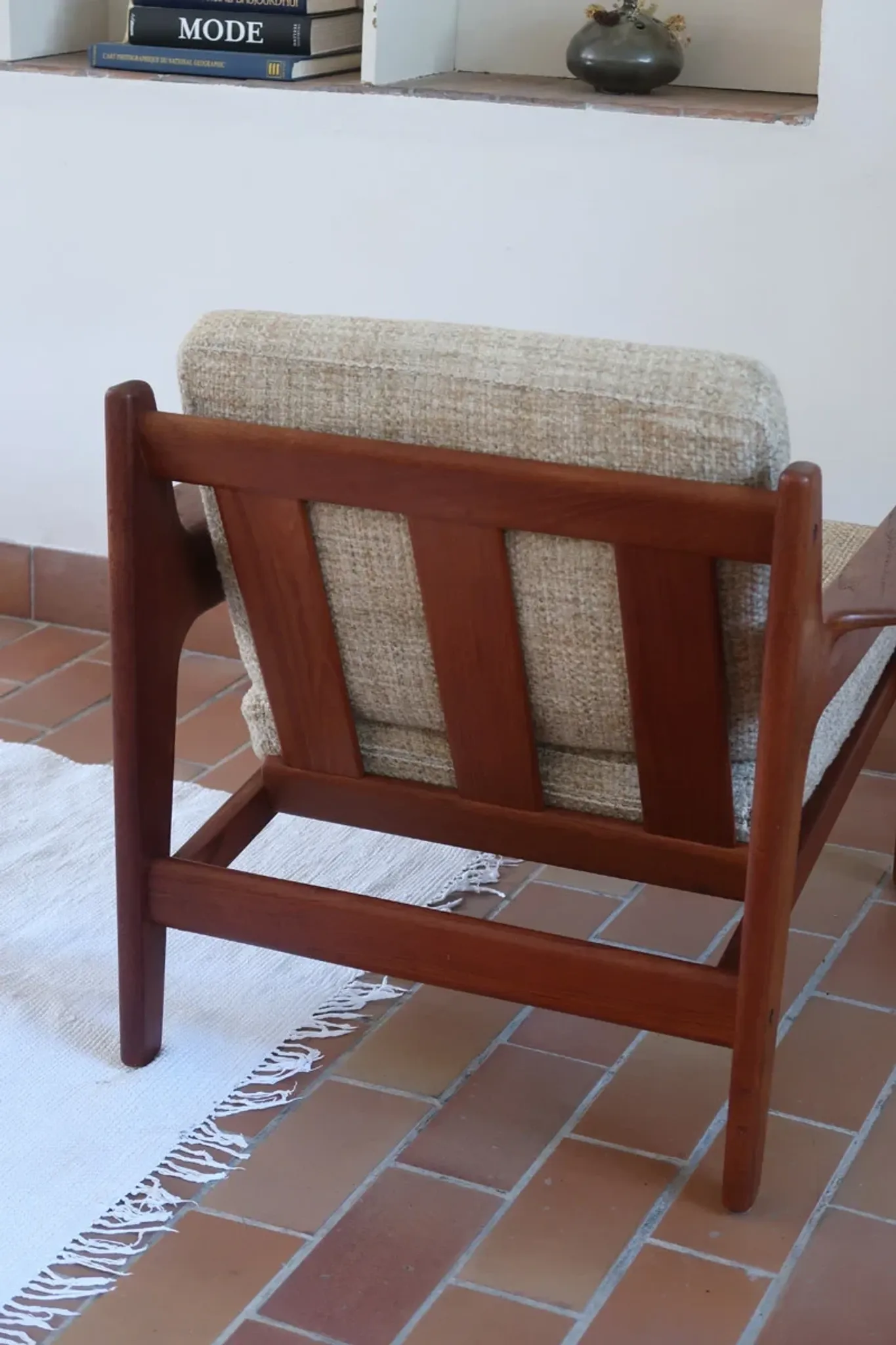 Scandinavian armchair, teak, beige fabric, 1960s.
