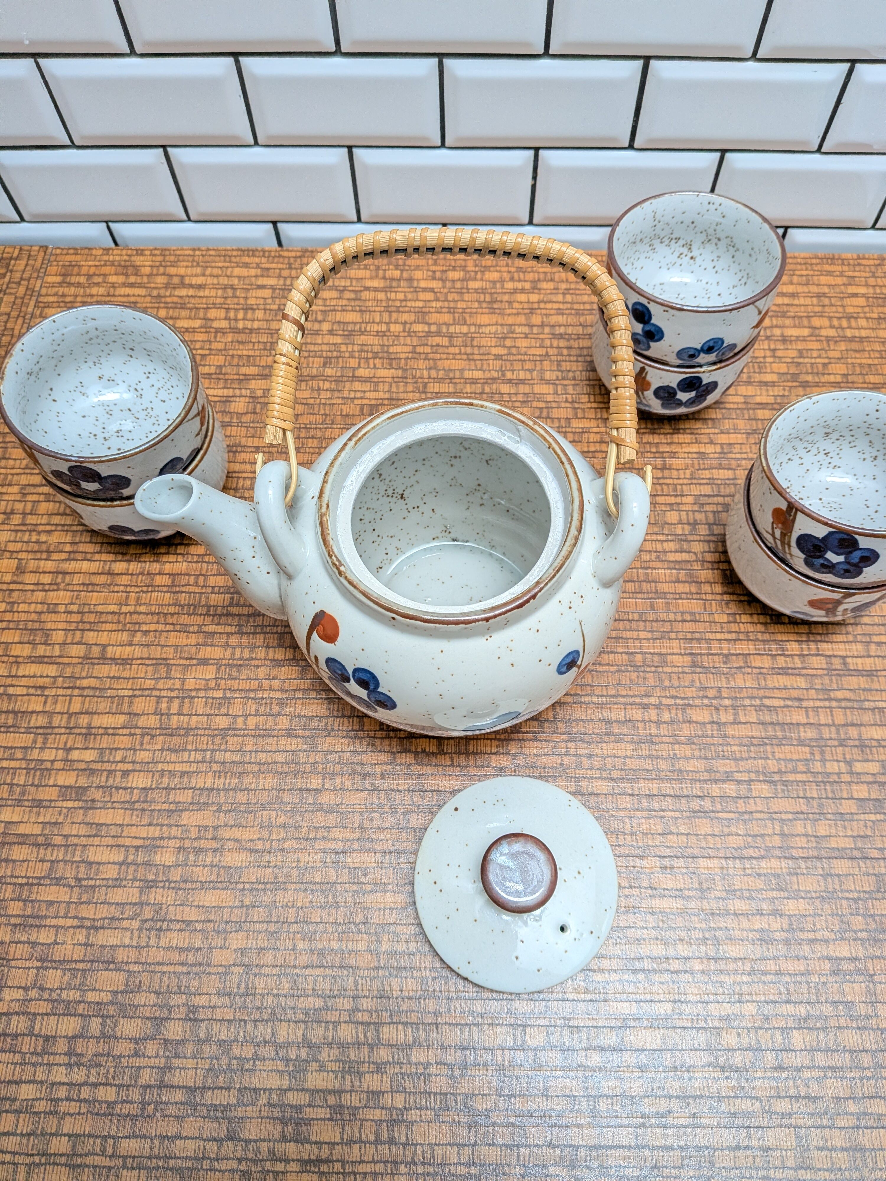Japanese tea service stoneware bamboo teapot 6 cups 70s hand-painted blueberry