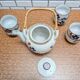 Japanese tea service stoneware bamboo teapot 6 cups 70s hand-painted blueberry