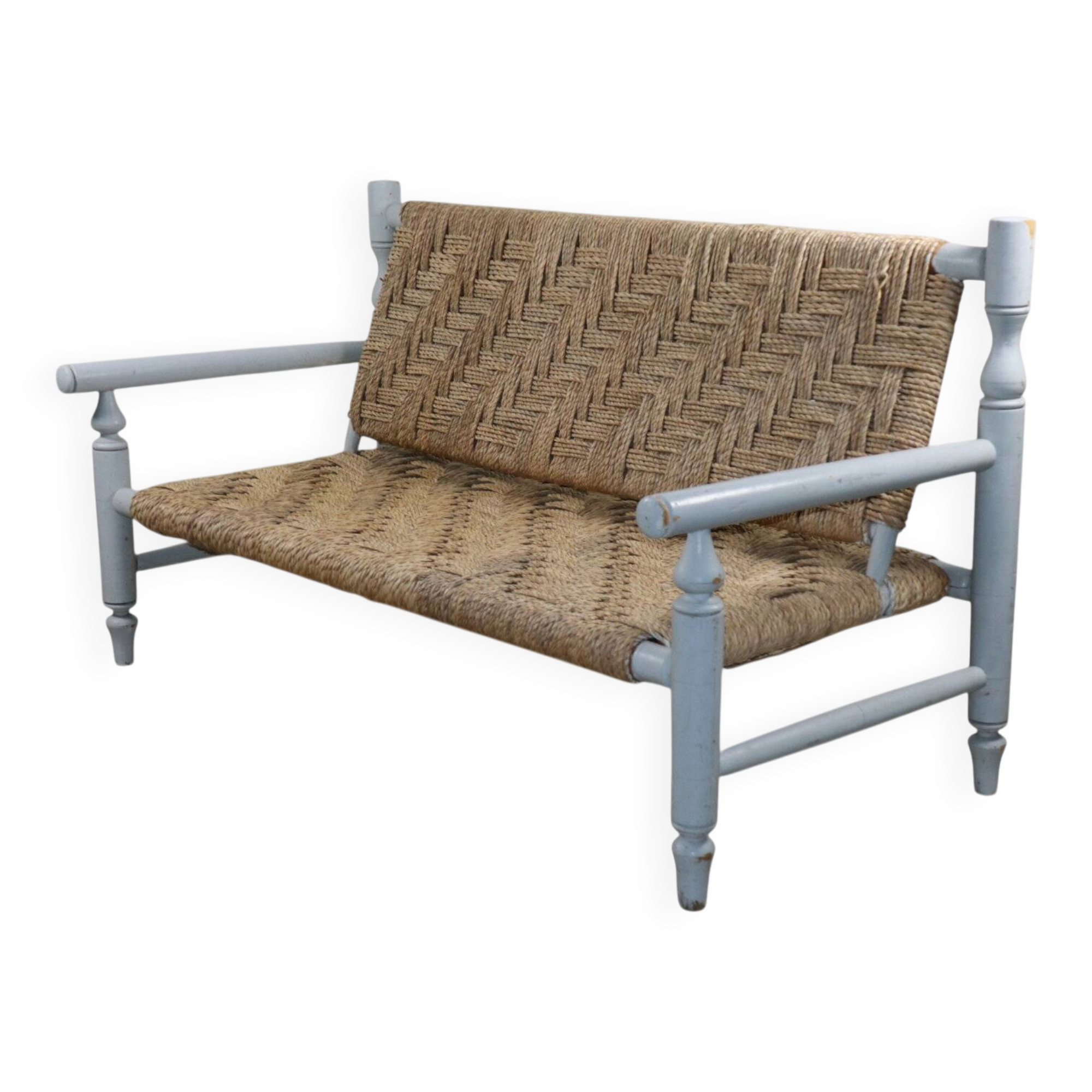 Vintage bench in braided rope and painted wood, 1950s-60s.