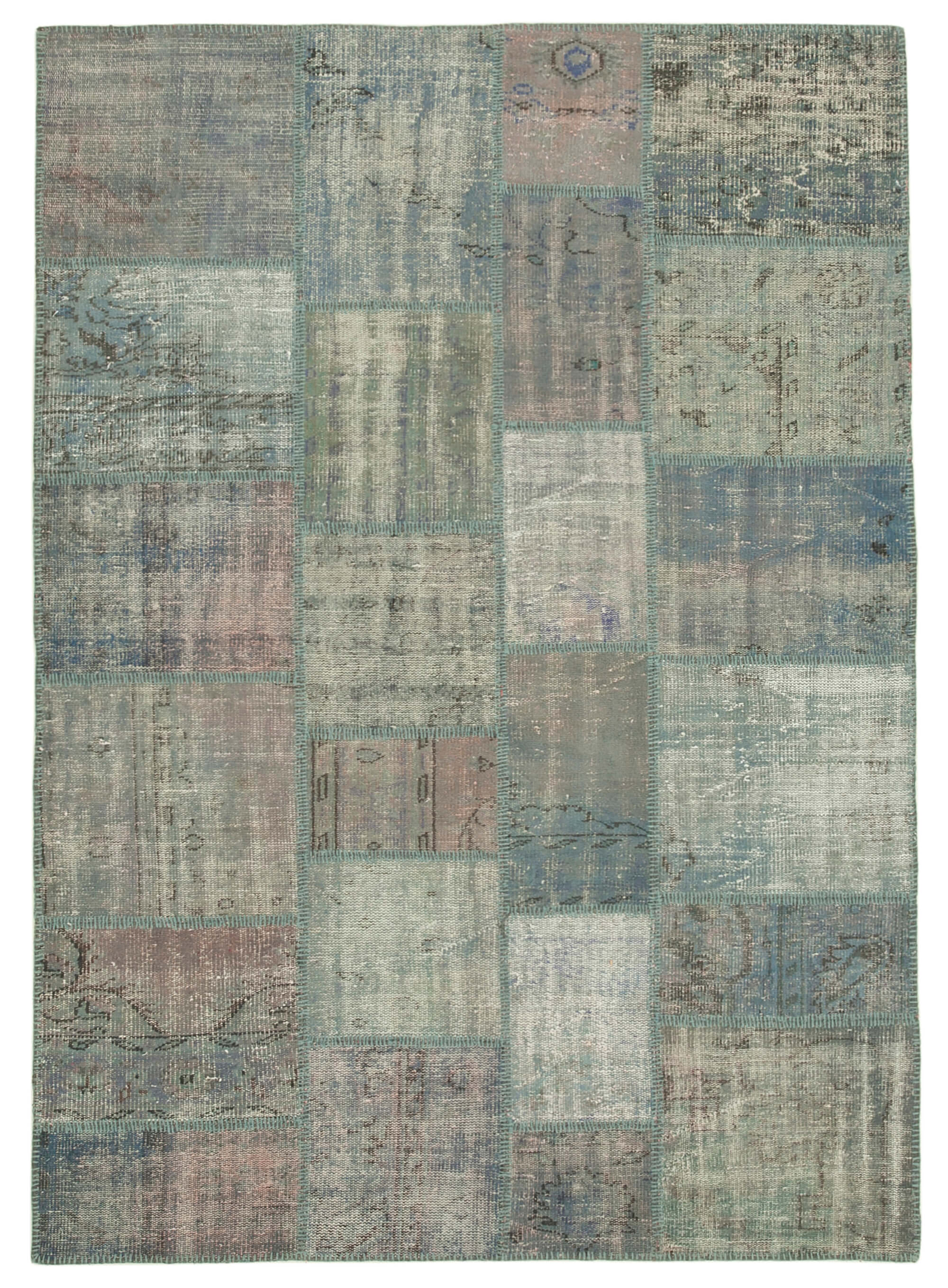 Handmade anatolian overdyed 177 cm x 246 cm blue patchwork carpet