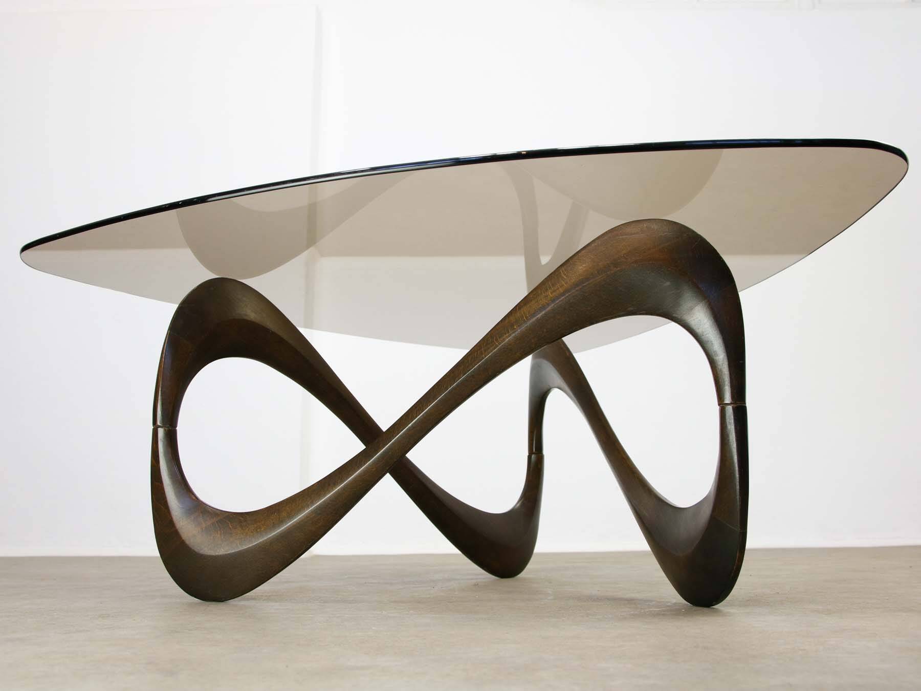 Italian Organic "Snake" Wooden and Smoked Glass Coffee Table, 1960s