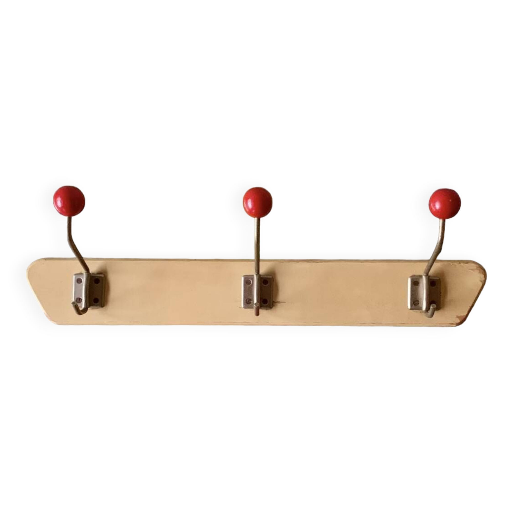 Vintage wooden wall coat rack - triple coat hook with red balls
