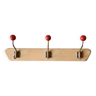 Vintage wooden wall coat rack - triple coat hook with red balls