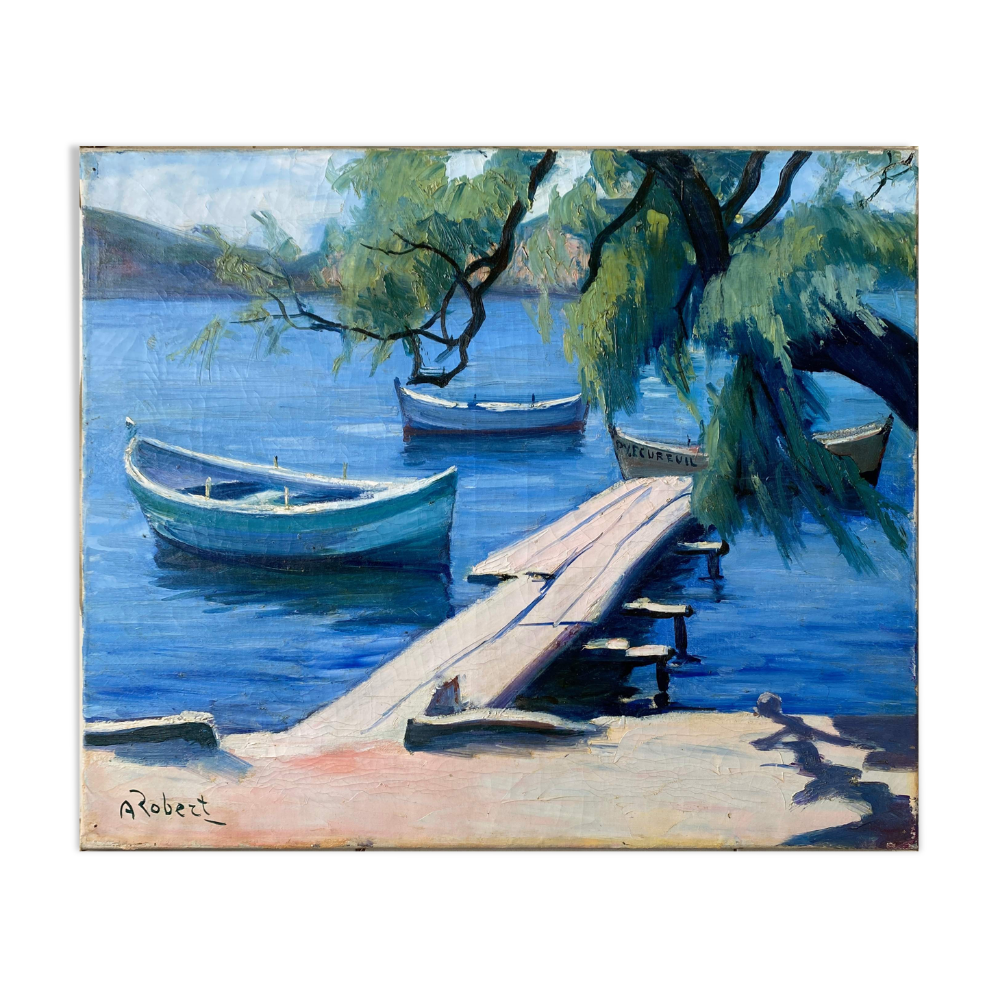 Painting "The sunny pontoon" HST signed A. Robert (post impressionist)