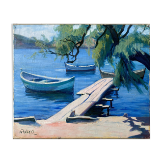 Tableau "le ponton ensoleillé" HST signée A. Robert (post impressionniste)