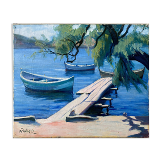 Painting "The sunny pontoon" HST signed A. Robert (post impressionist)