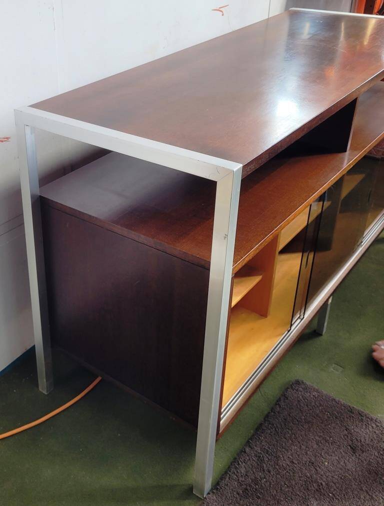 Hi-Fi cabinet in wood, brushed aluminum, smoked glass - 1970s