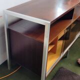 Hi-Fi cabinet in wood, brushed aluminum, smoked glass - 1970s