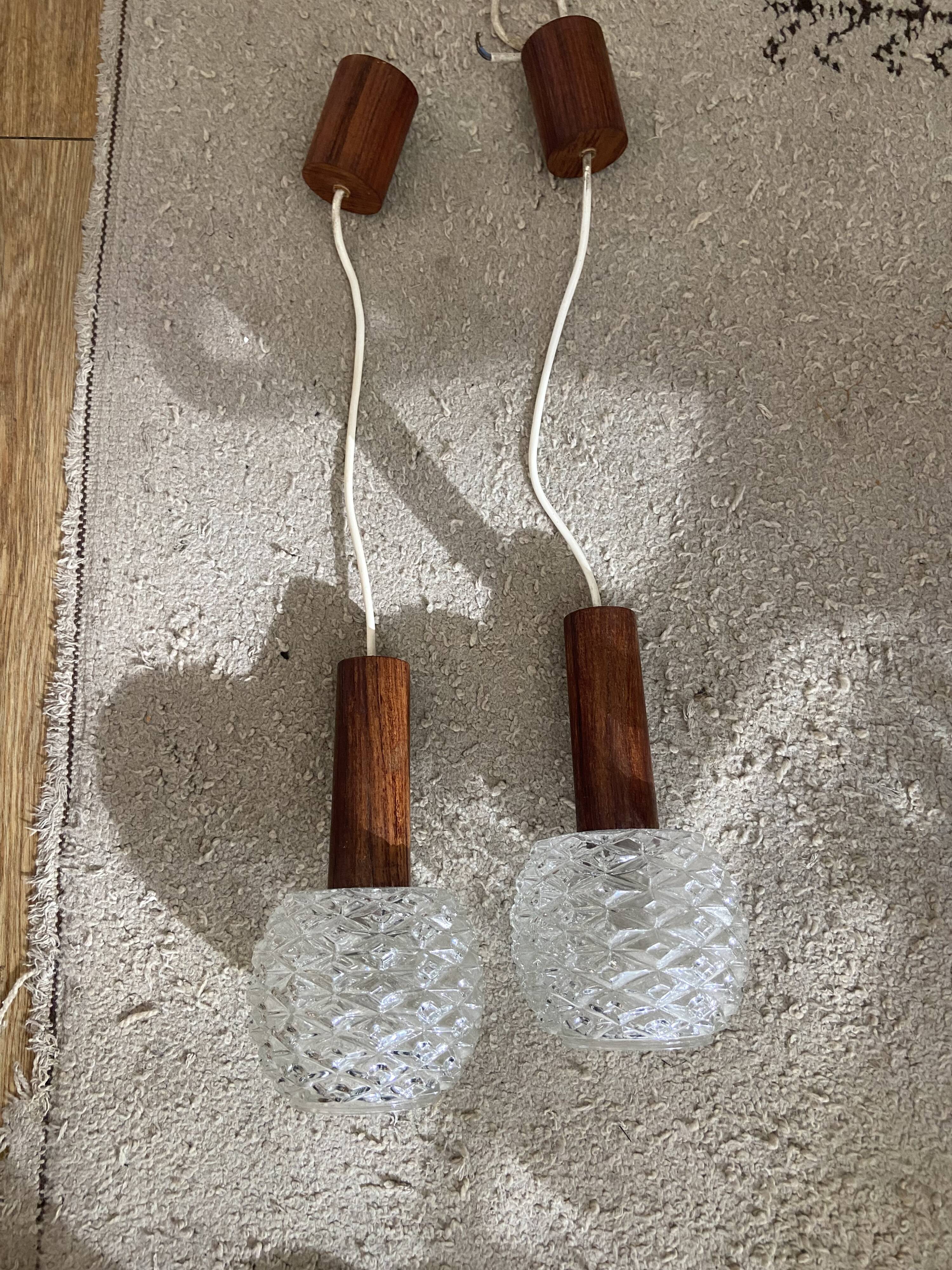 Pair of suspension in teak and vintage Scandinavian glass