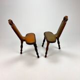 Set of 2 mid century brutalist oak tripod stools, 1960s