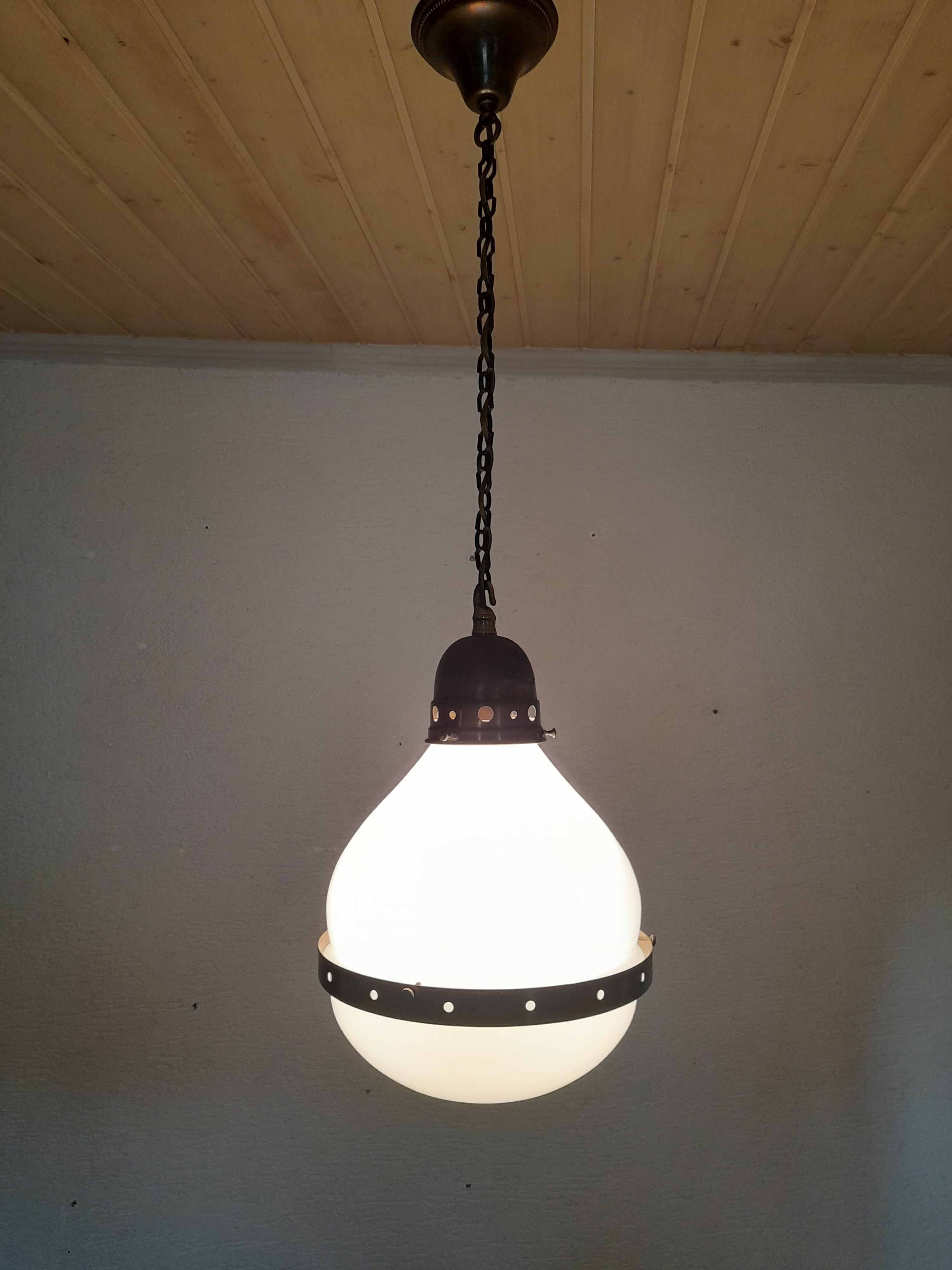 Bauhaus pendant lamp in opaline glass and brass