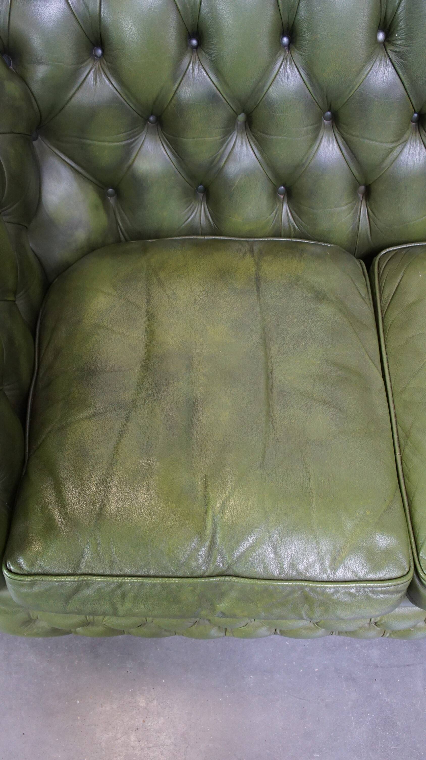 Stylish, English green cow leather spacious 2.5 seater chesterfield sofa
