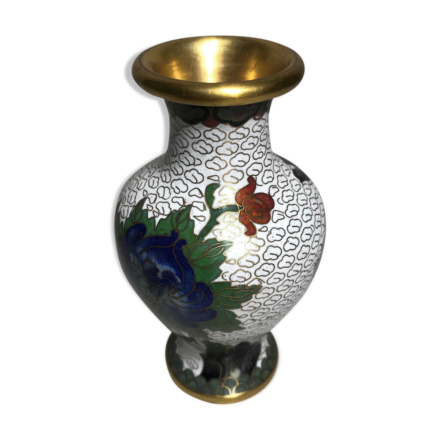 Vase cloisonné laiton dessins fleurs émaillés décoration vintage #2