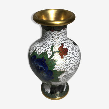 Vase cloisonné laiton dessins fleurs émaillés décoration vintage #2