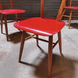 Set of 4 red wooden chairs published by Ton, 60s
