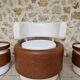Barrel chair + 2 poufs Selac 1970s cognac and white faux leather