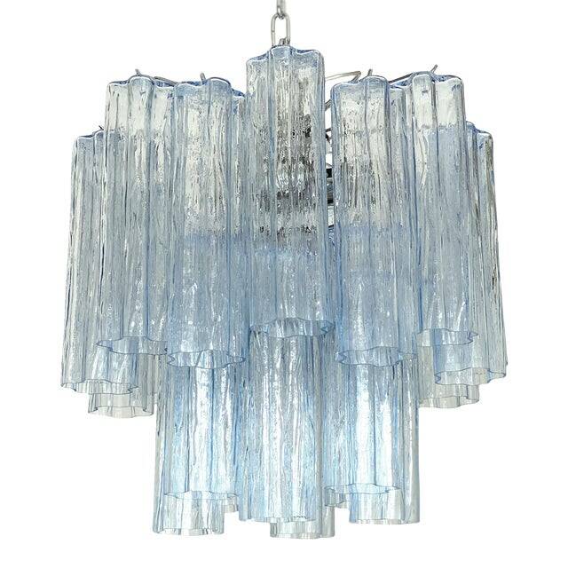 Contemporary sky-blue “tronchi” murano glass chandelier in venini style