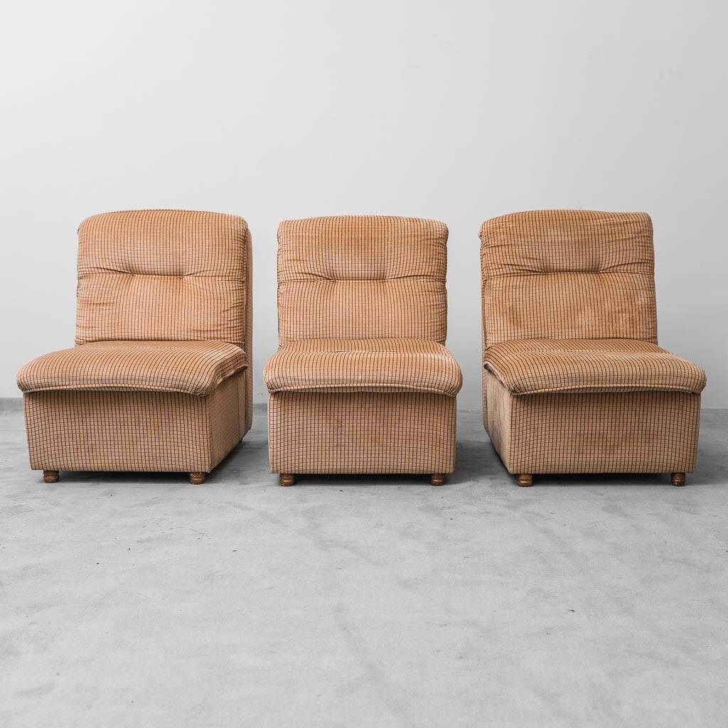 Set 3 poltrone modulari tessuto a quadretti beige anni ’70 vintage modernar