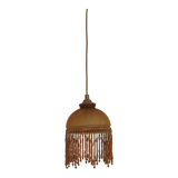 Vintage French amber mottled glass hanging ceiling light with beaded fringe.