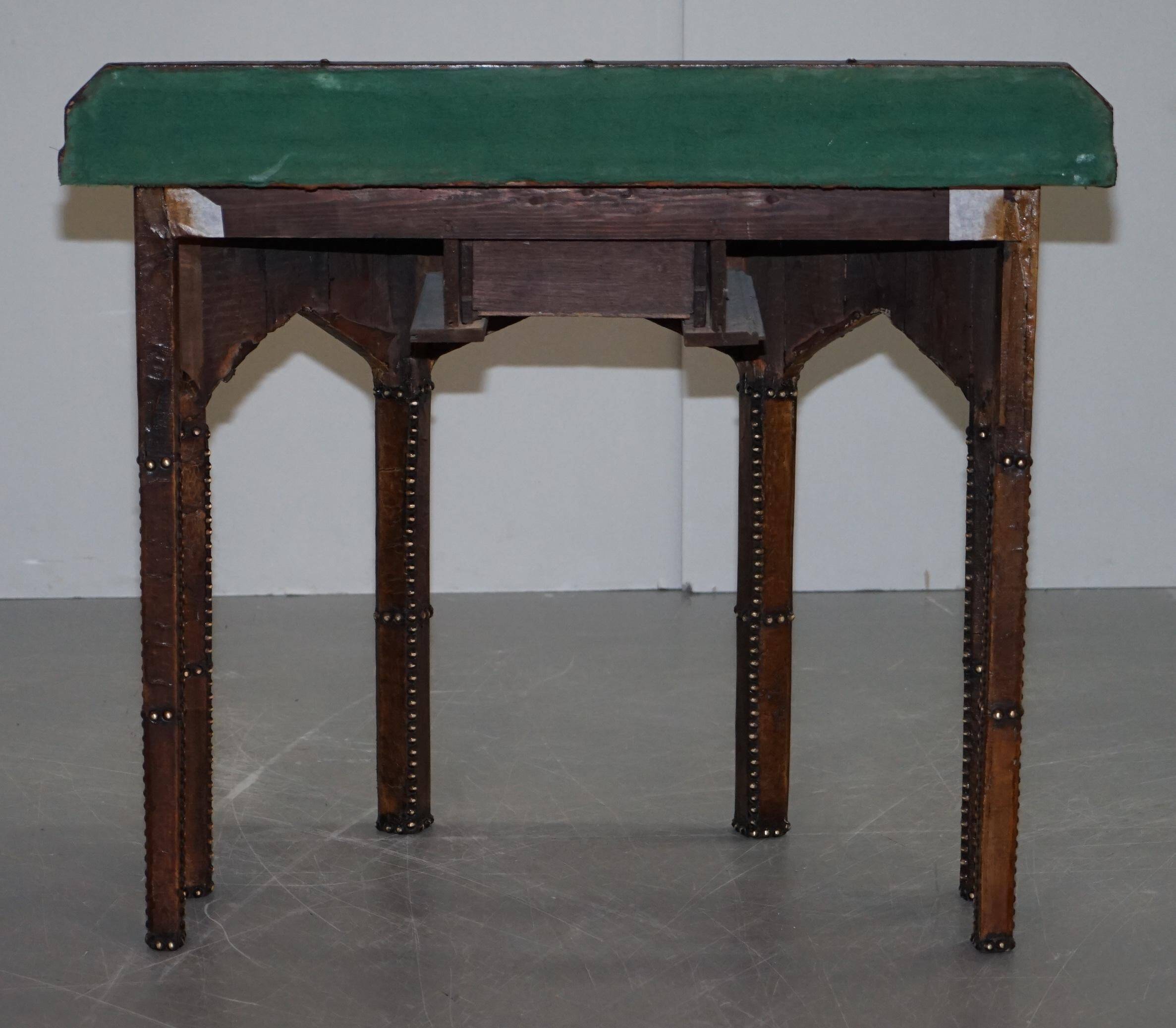 Antique Leather Studded Console Table in Gothic Pugin Style Restored