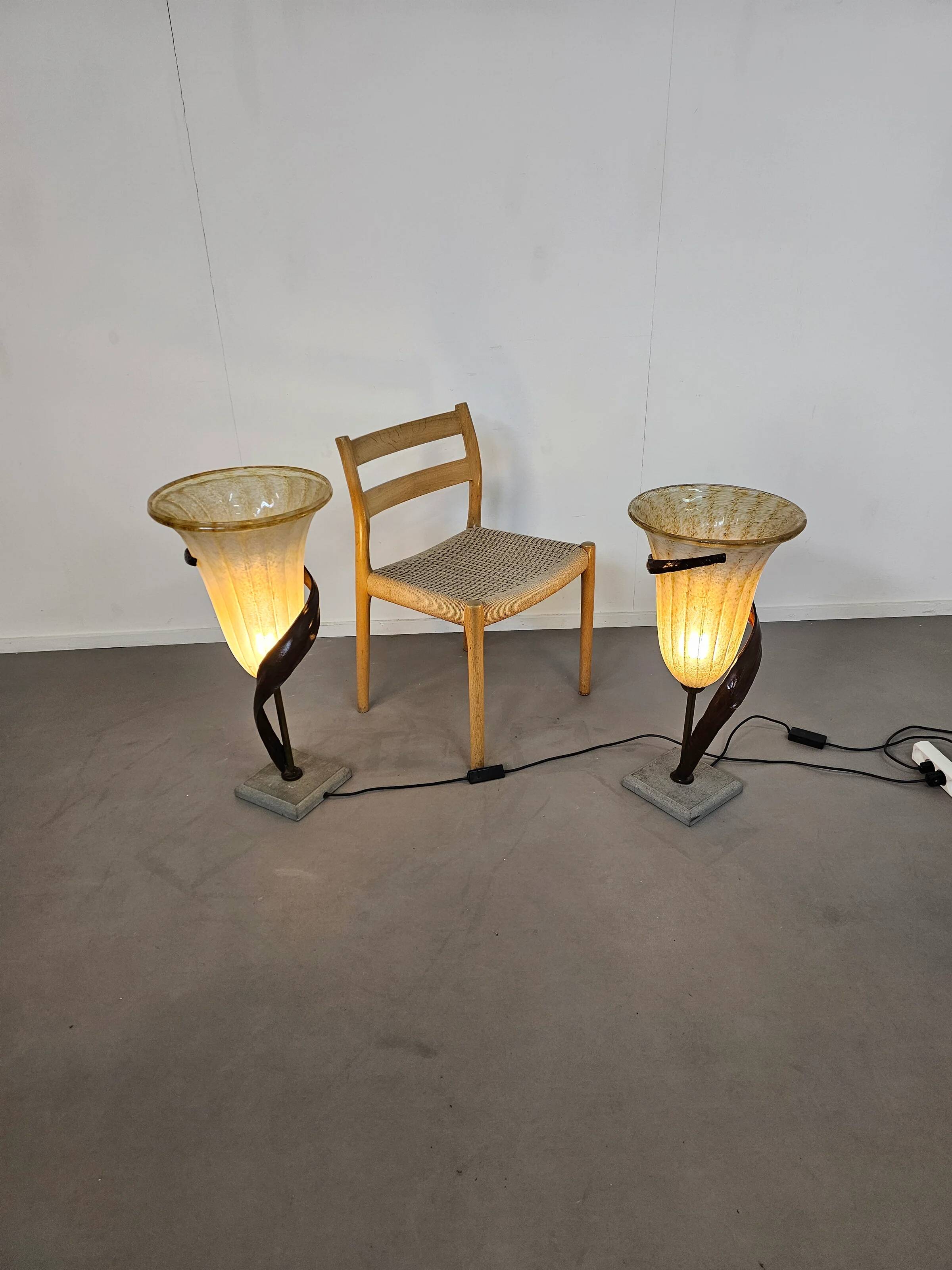 Large Jugendstil floor / table lamps, Roberto Galli, stone base with Italian glass shade