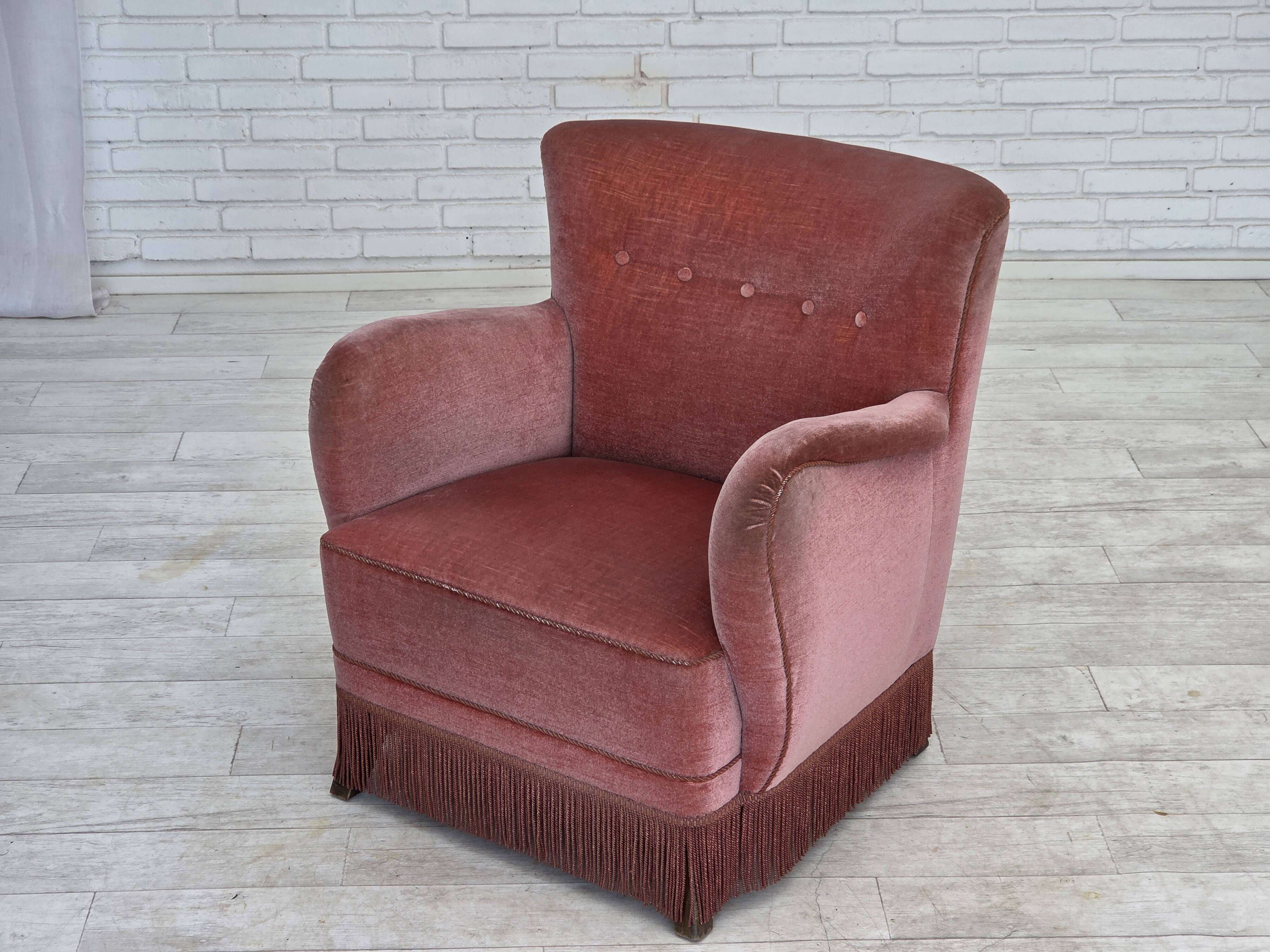 1970s, Danish armchair, salmon pink furniture velour, oak wood legs.