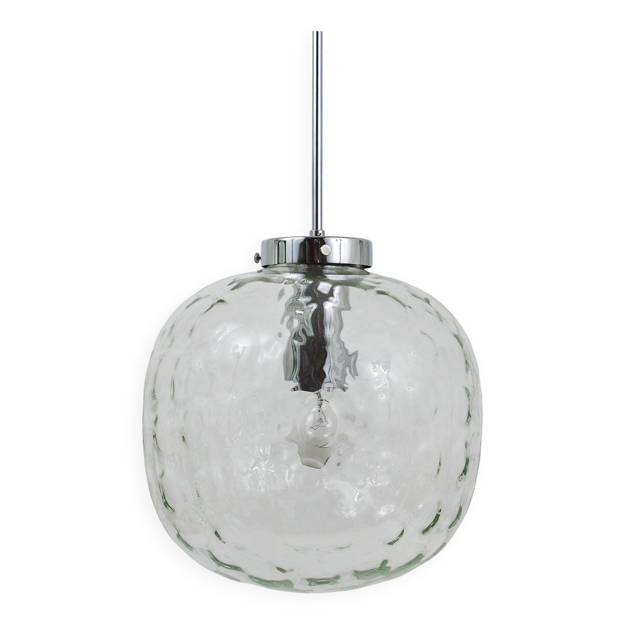 Grande lampe suspension globe en verre à bulles Limburg & chrome, Allemagne, années 1970
