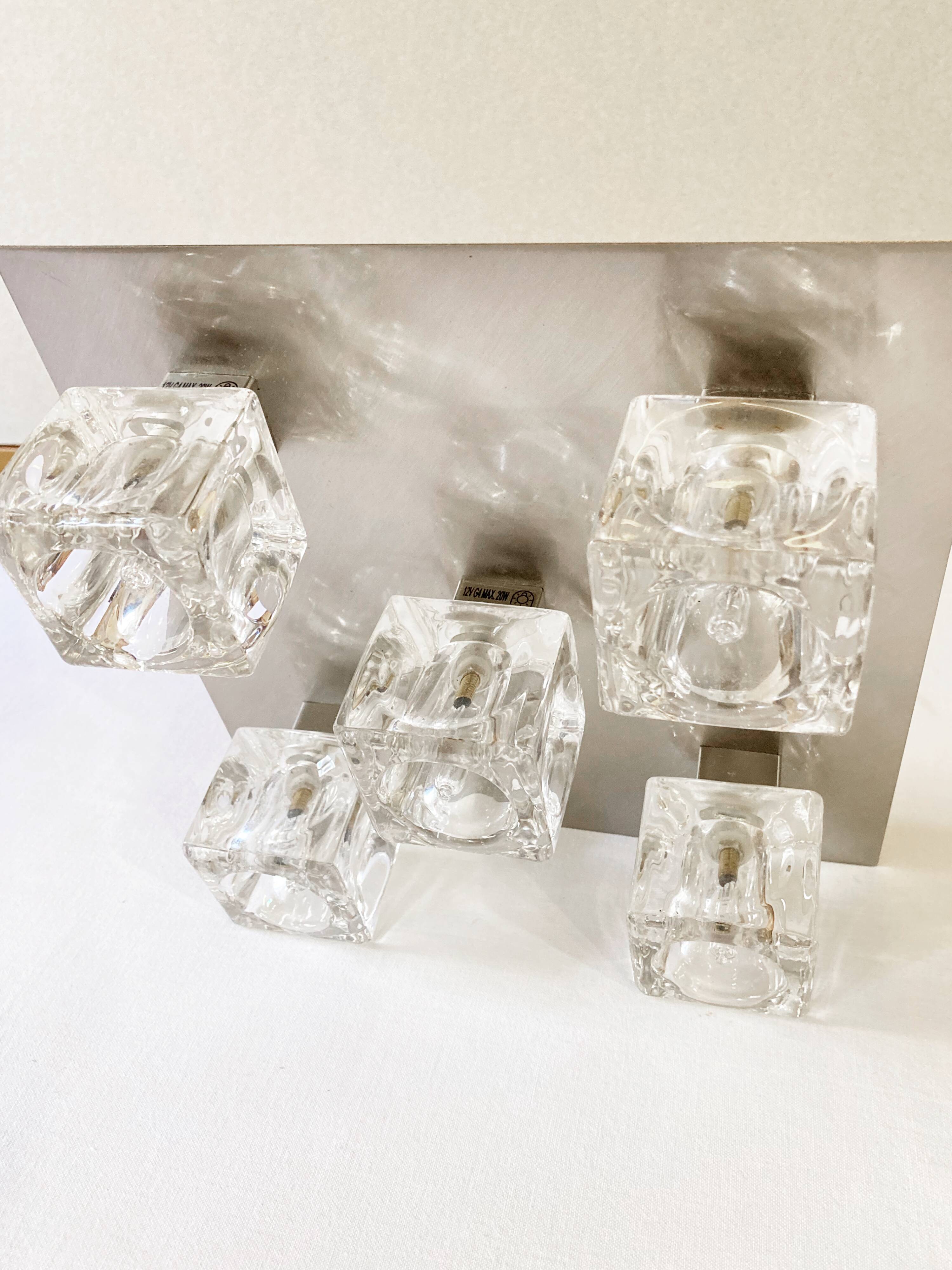 Brushed metal ceiling light and glass globes, 5 halogen candles