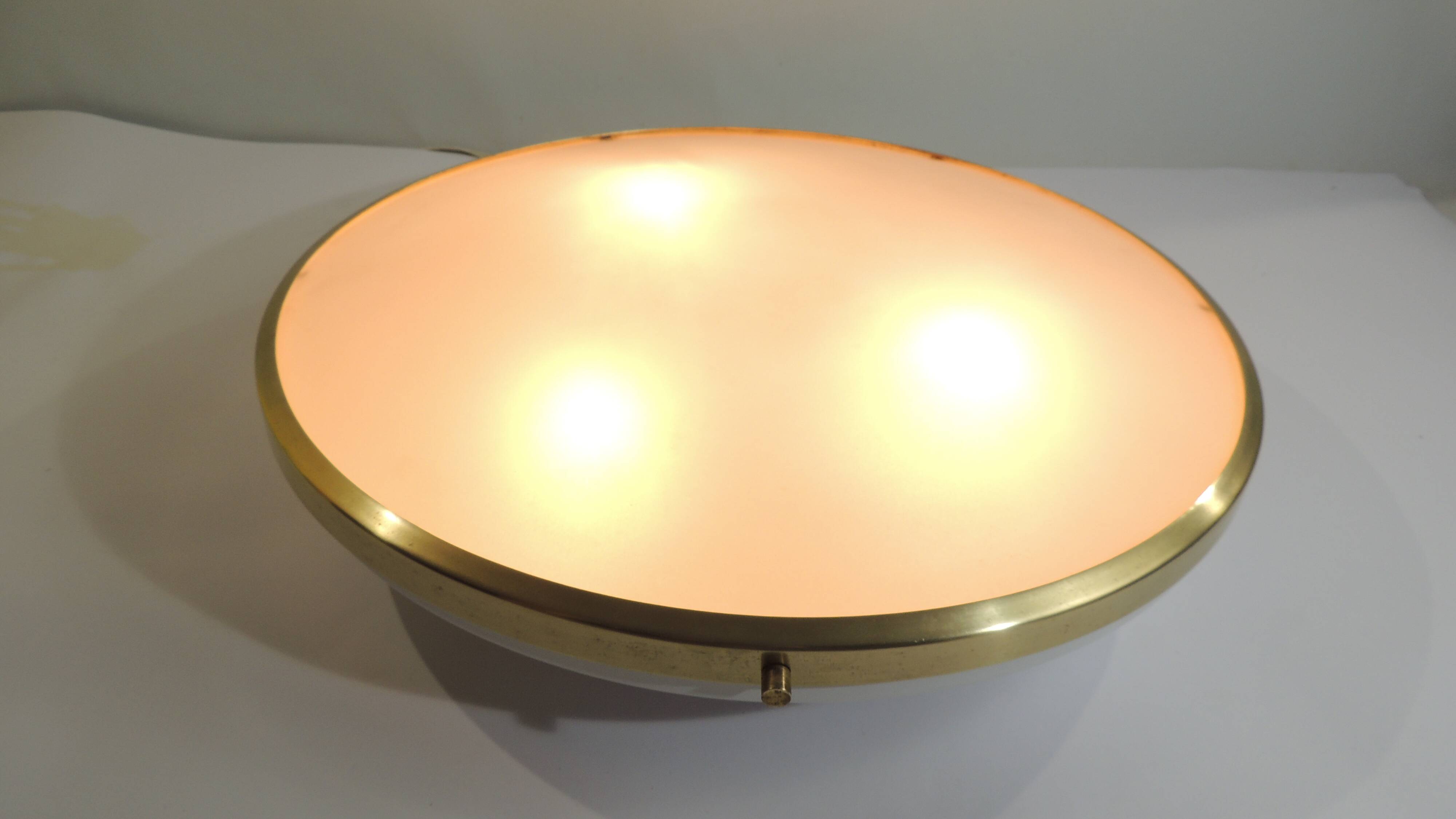 Large vintage ceiling light in opaline glass and brass – Arne Jacobsen style