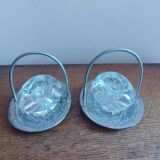 Salerons, Sel Poivre En Verre Au Manganese Support Métal Argenté