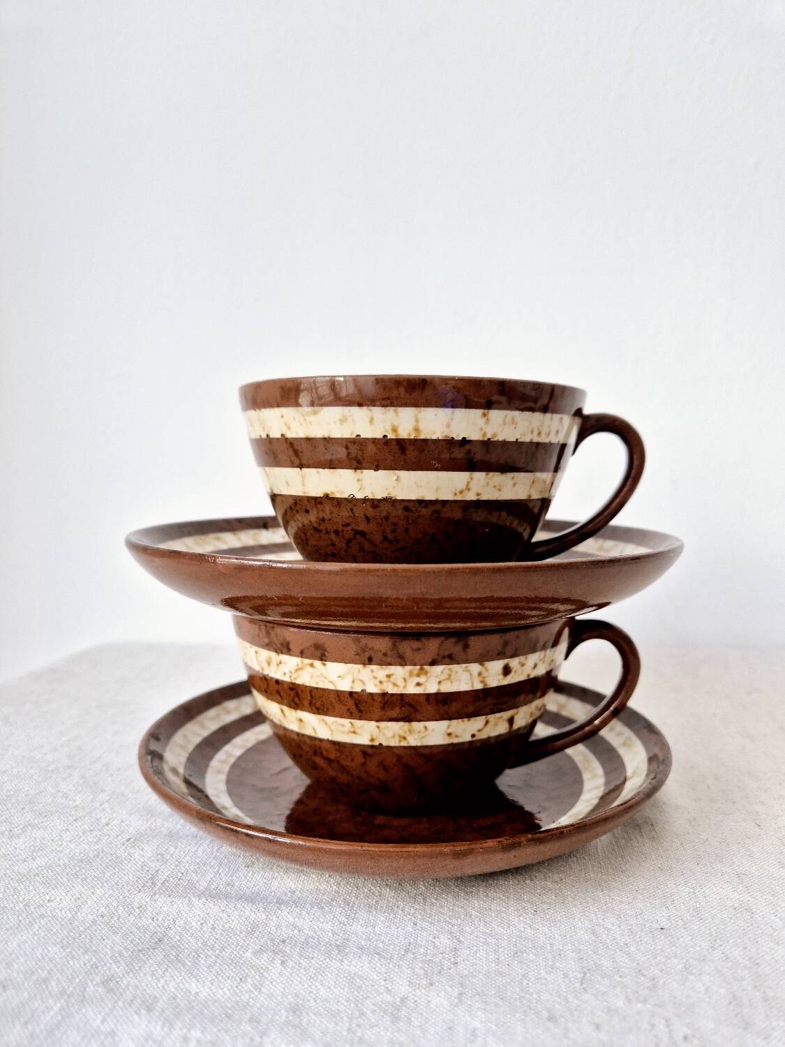 Set of 2 cups + 2 stoneware plates "Mary" - Digoin Sarreguemines Vintage