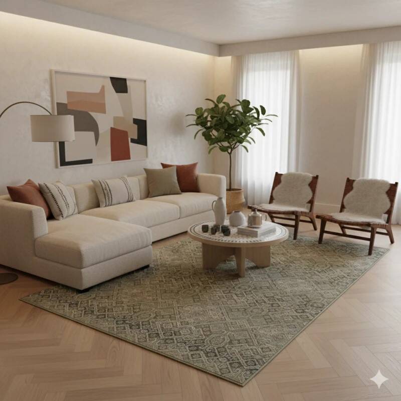 Green and beige vintage style oriental rug in wool