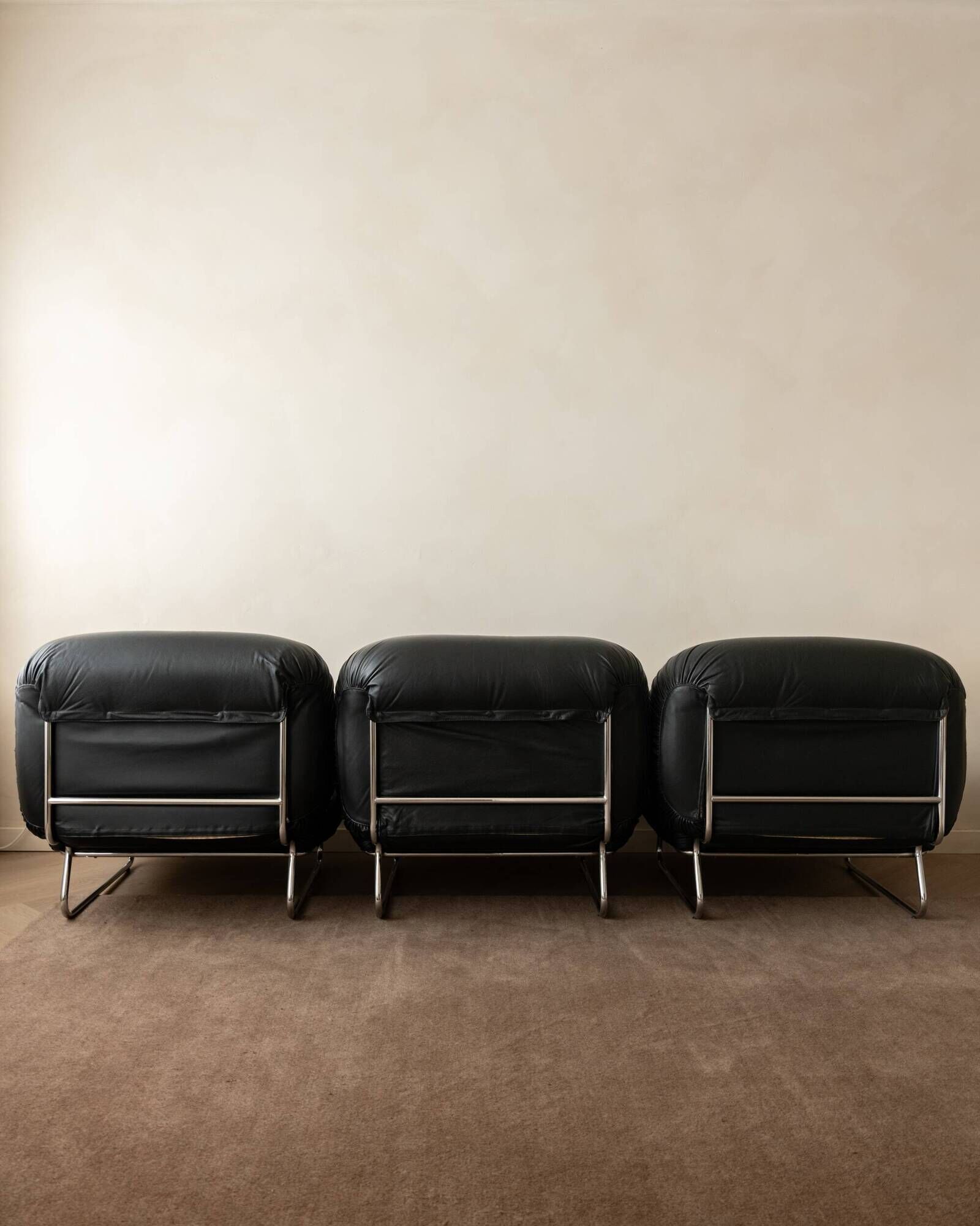 Italian Leather and Chrome Lounge Chairs, 1980s, Set of 3