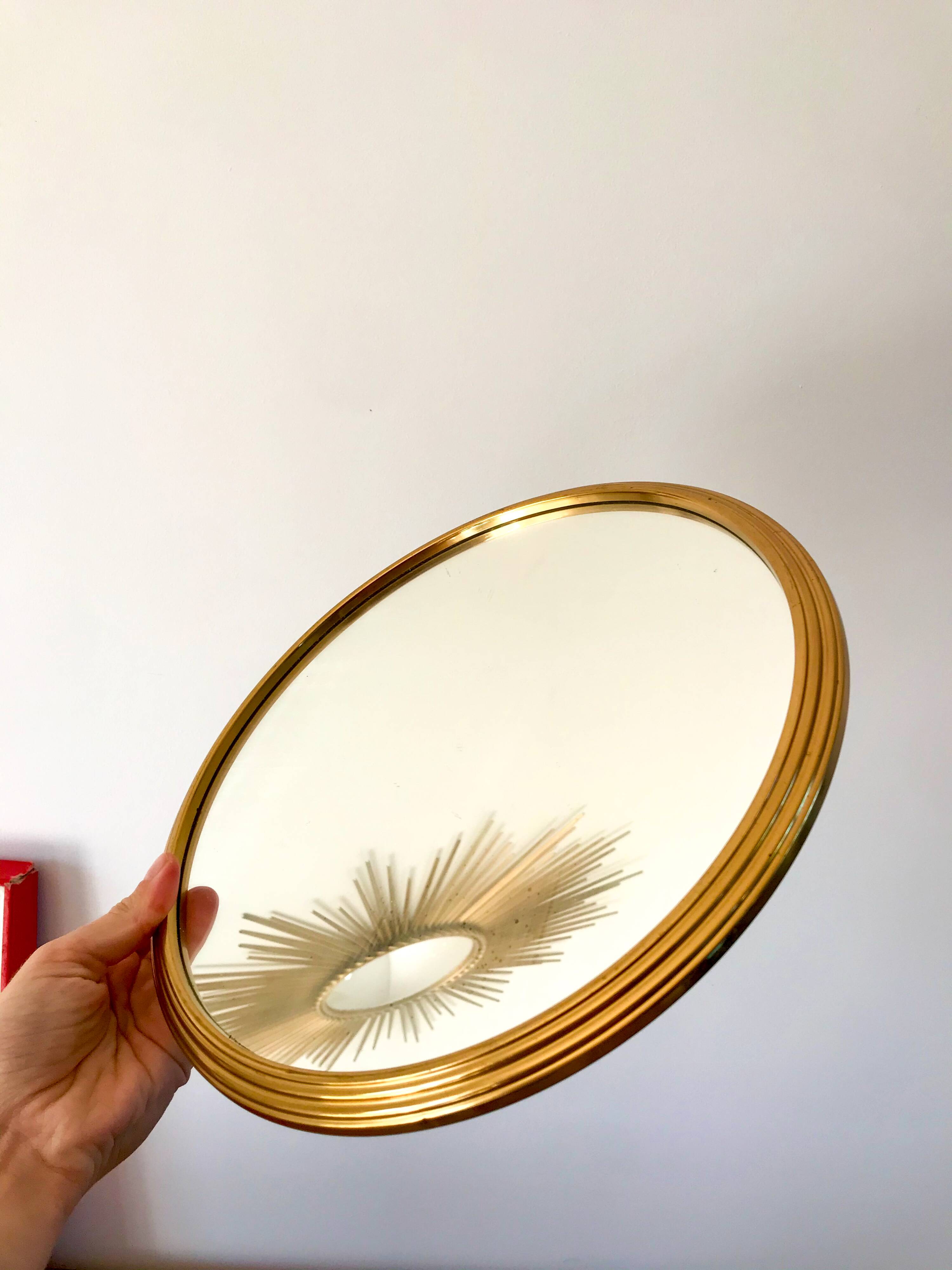 plateau miroir rond en métal doré années 50-60