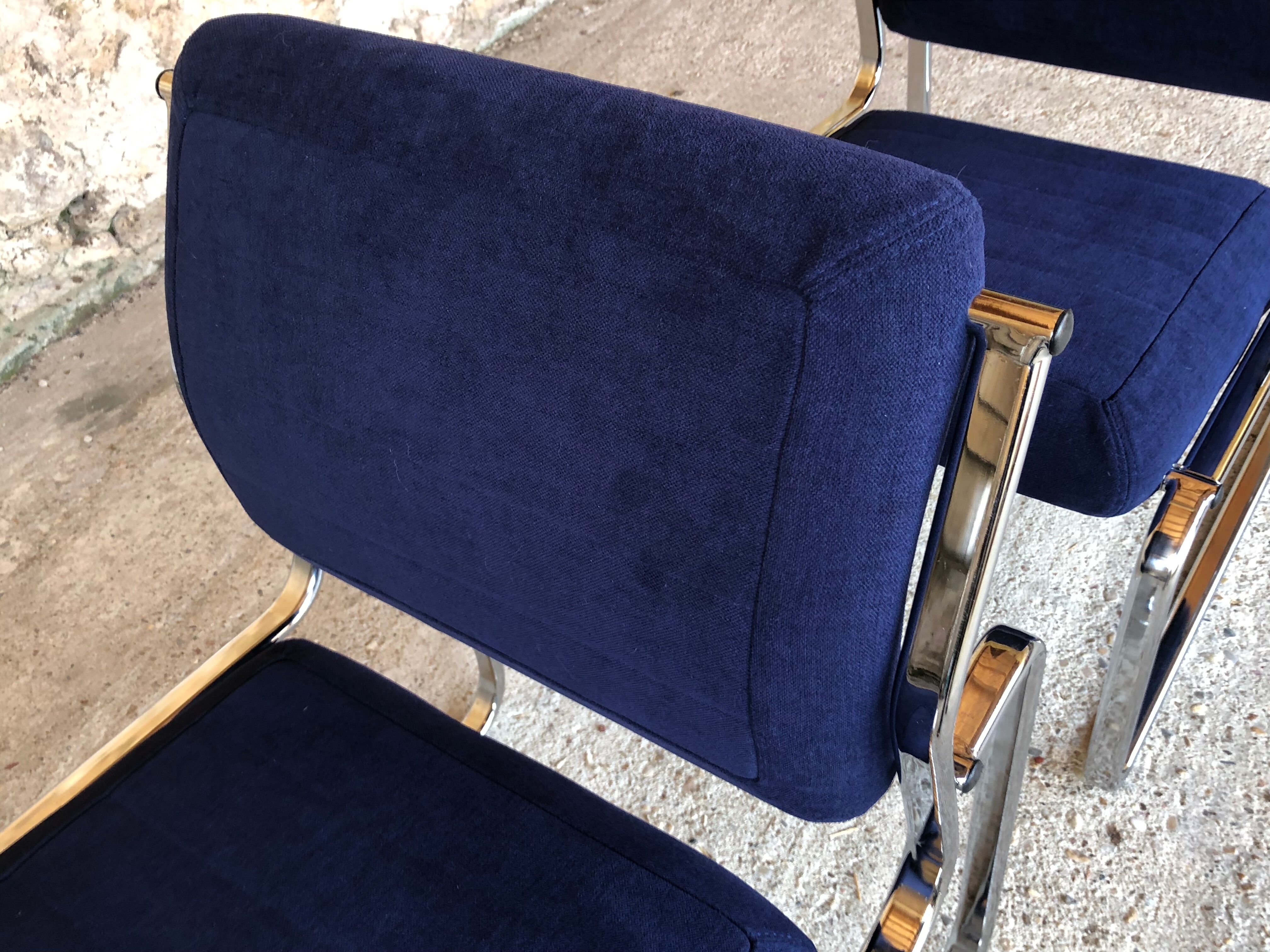 Pair of vintage chrome and blue microfibre armchairs circa 70