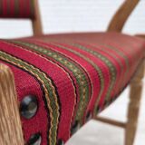 1970s, Danish armchair, striped red furniture wool, solid oak wood.