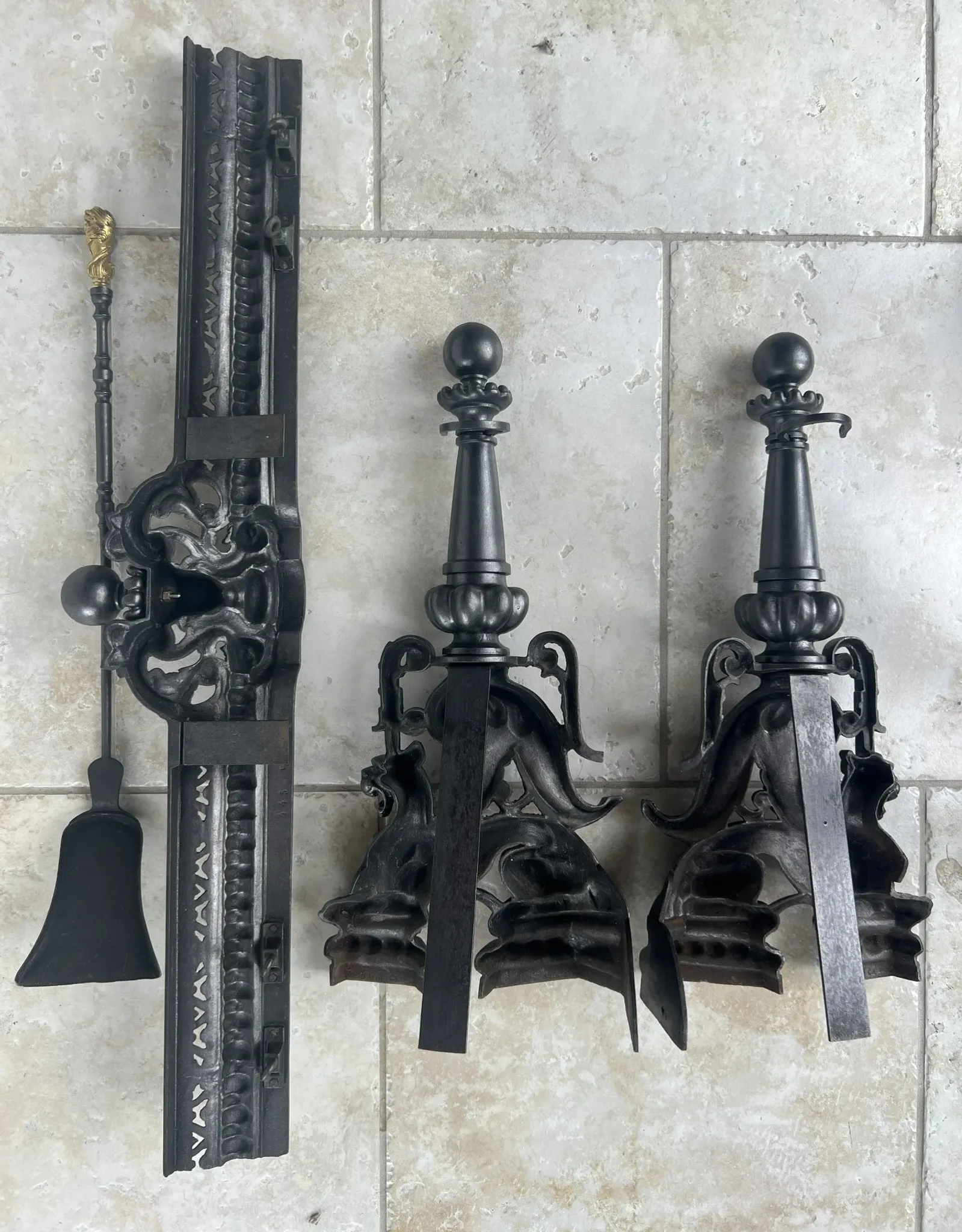 19th-century cast iron fireplace set, bar, andirons & plaque with griffins