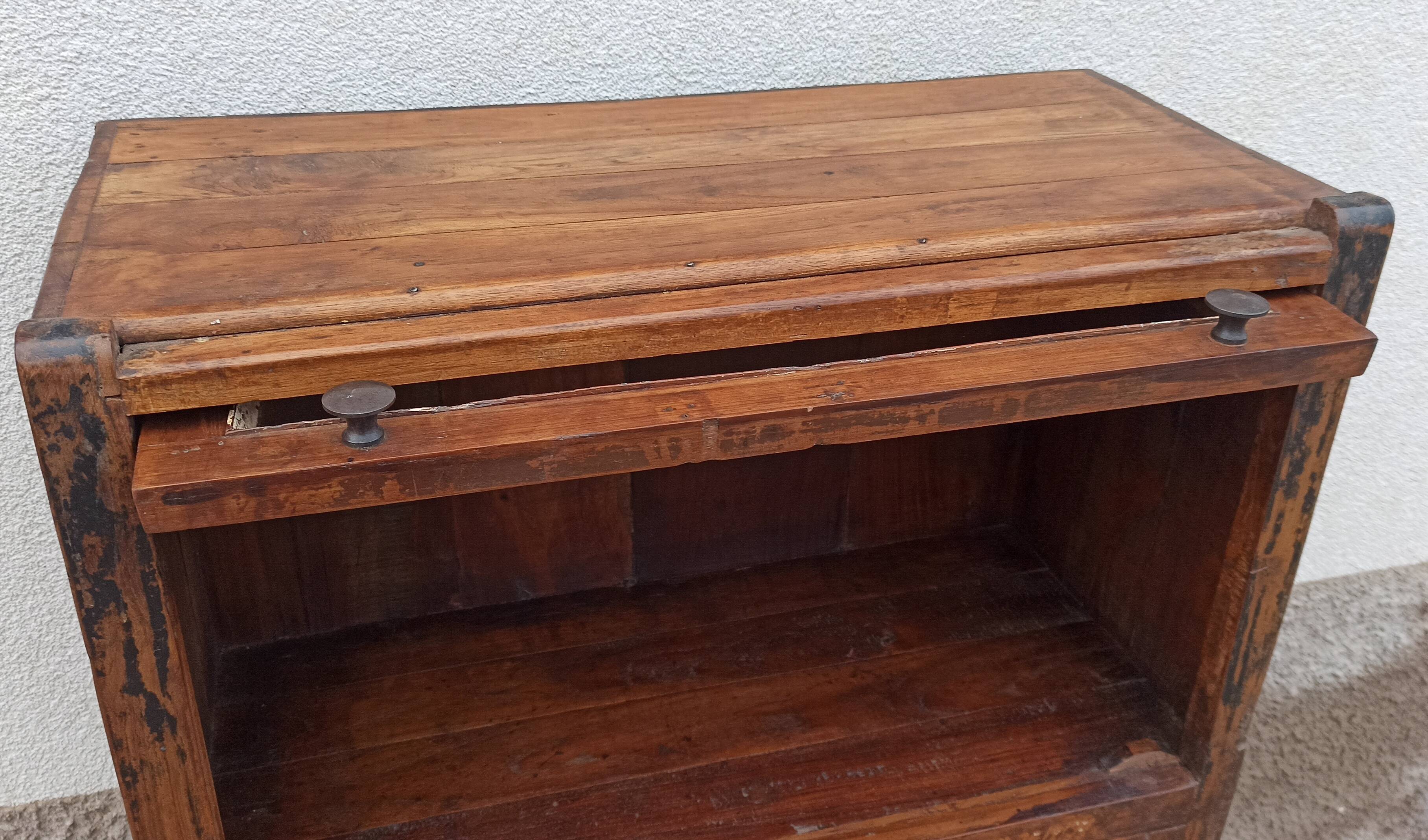 Small wooden glass cabinet with retractable door