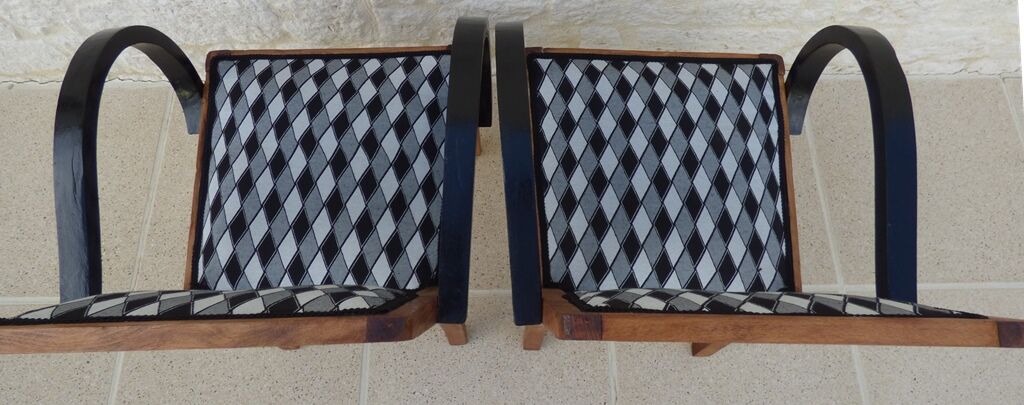 2 bridge armchairs in solid wood with totally restyled fabrics