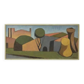 Grande huile sur toile suédoise originale – "Spansk By" par Emil Clahr (1905–1983) – Signée – 1961 – Vintage et encadrée