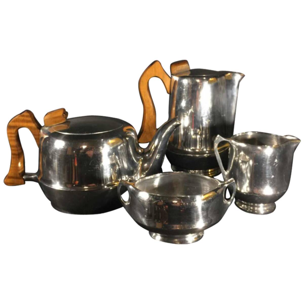 English Design Coffee and Tea Set, Picquot Ware, Brushed Aluminum, 1950