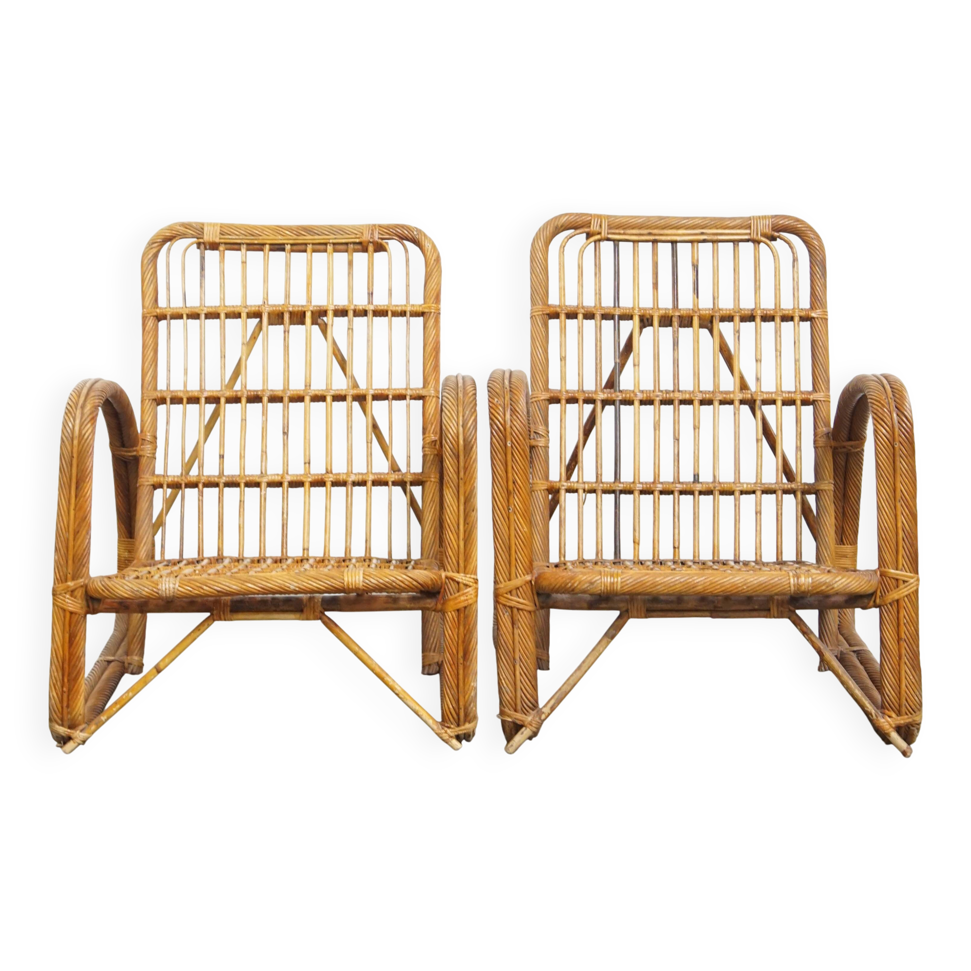 Set of 2 French Rattan Vintage Design Armchairs from the 1950s