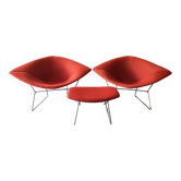 2 Bertoïa Diamond Armchairs + 1 Pouf, Cavalier Cardinal Fabric, Year 1995