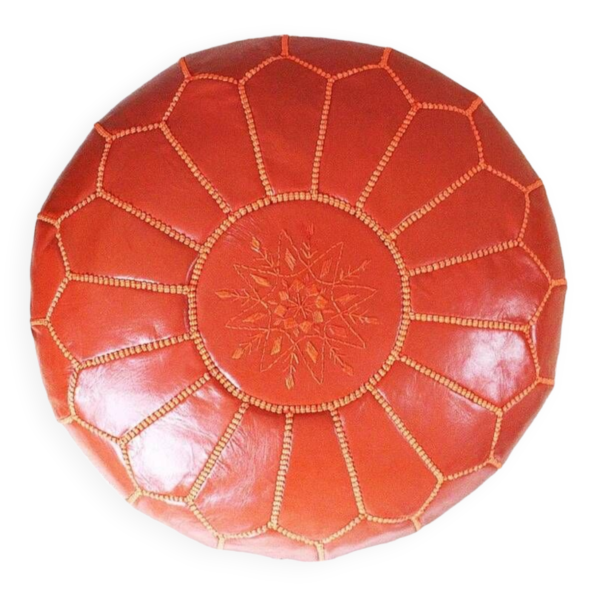 Moroccan leather pouf, Moroccan ottoman pouf, orange Moroccan pouf, vintage