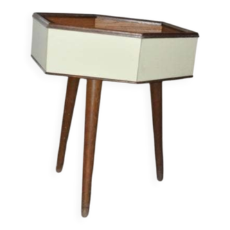 Octagonal Art Deco planter in painted brown and white wood, pedestal from the 1940s.