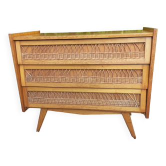 Vintage rattan wood chest of drawers