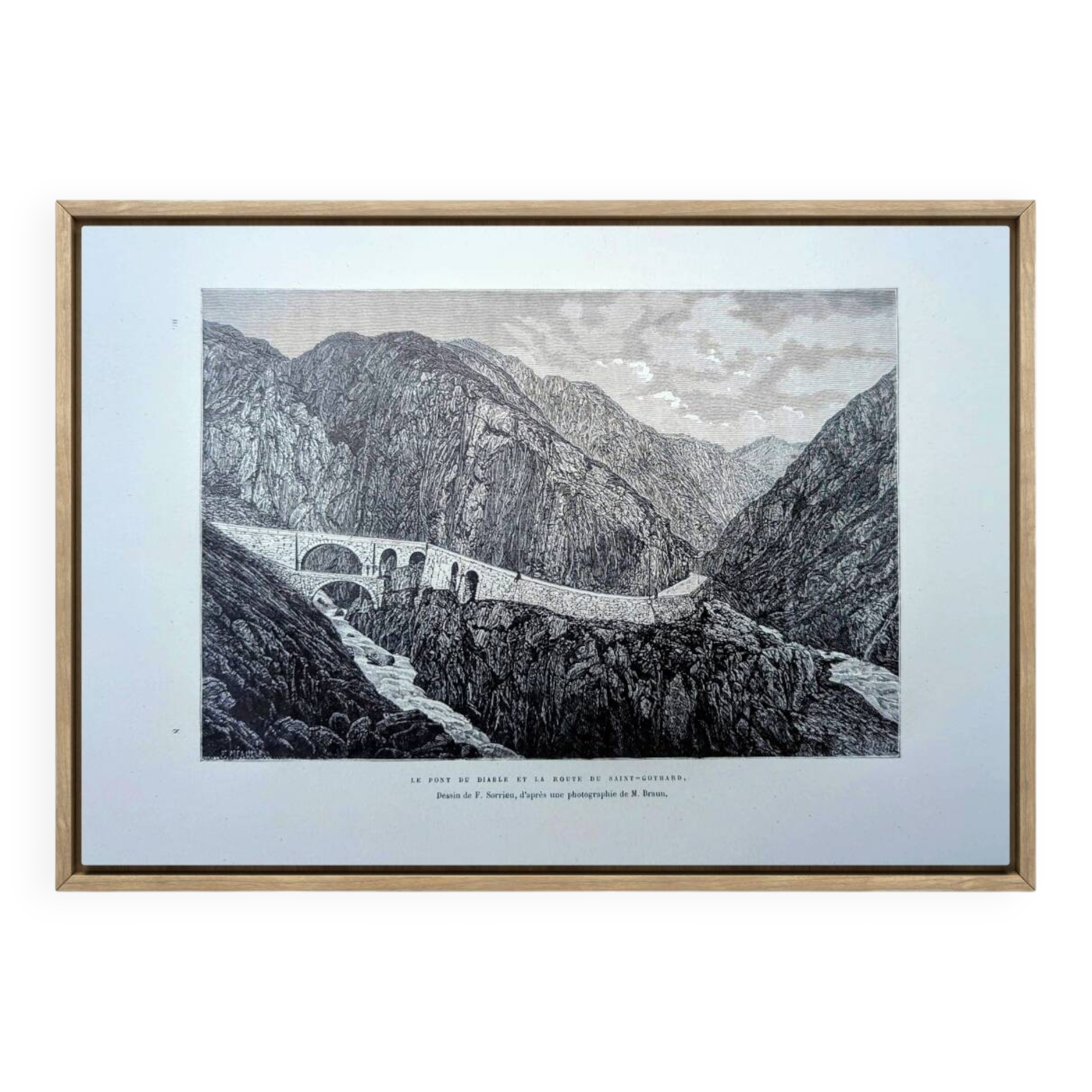 The Devil's Bridge, Schöllenen, vintage engraving, 1878.